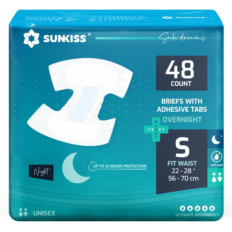 SUNKISS Adult Nappies with Ultimate Absorbency, Overnight Adult Diapers for Men and Women, Long-Lasting Dryness, Odor Control, Small, 48 Count (4 Packs of 12)